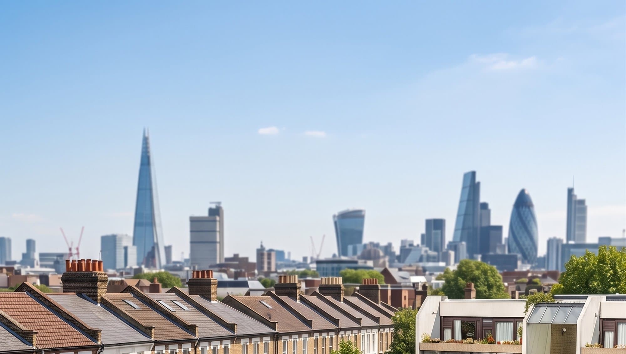 London rooftops and skyline, including the Shard and Gherkin, viewed from a residential street