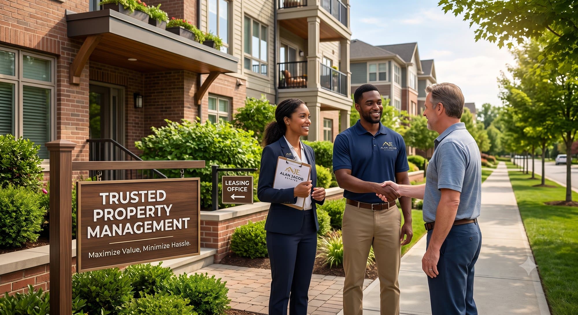 An Alan Jacob Estates property manager greeting a landlord outside a managed residential building