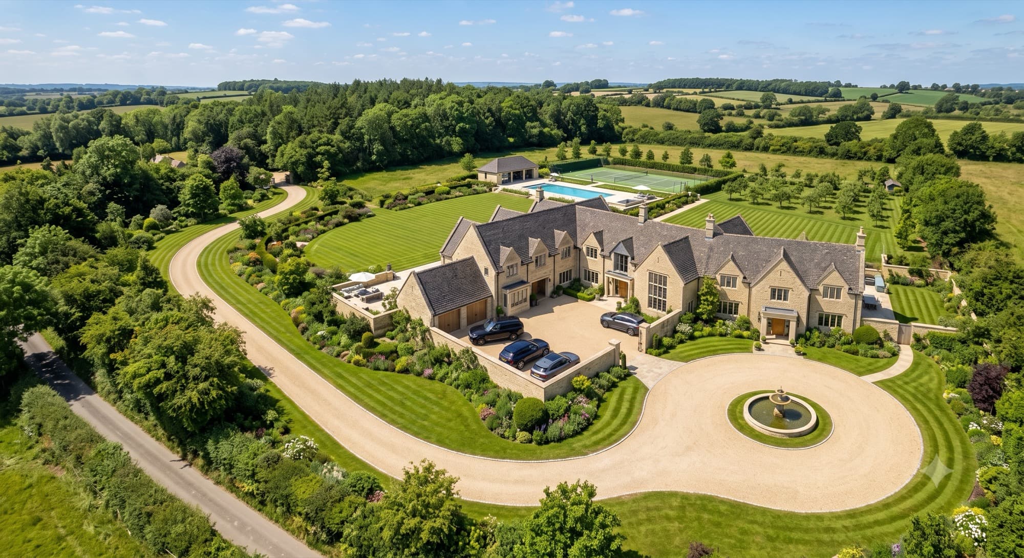 Aerial view of a substantial period property with landscaped grounds, pool and tennis court in London & Essex