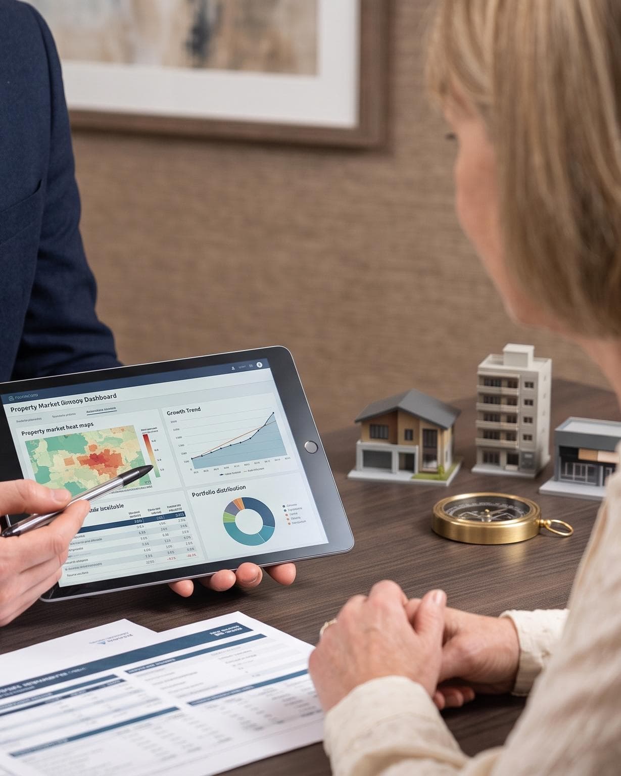An advisor showing a client a property market dashboard on a tablet, with model buildings on the desk