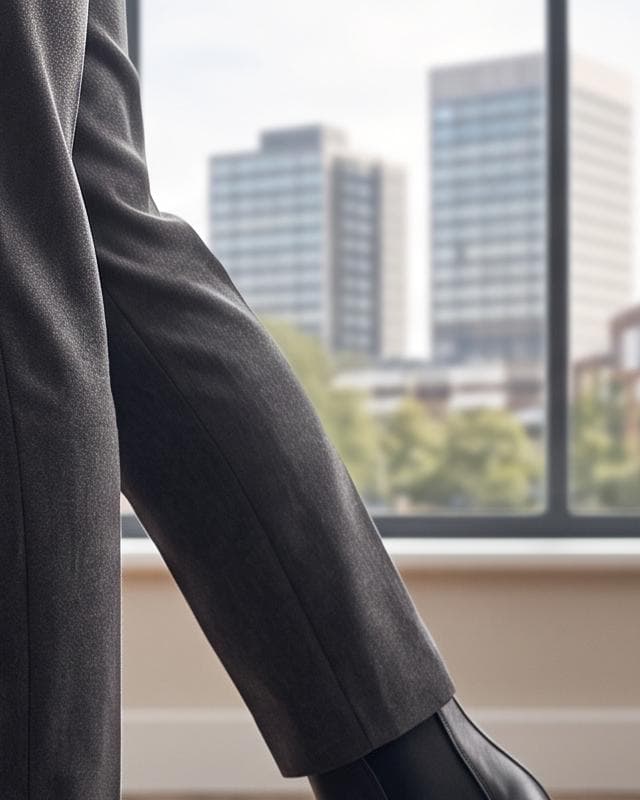 Two professionals walking into a modern office with a city skyline visible through the window